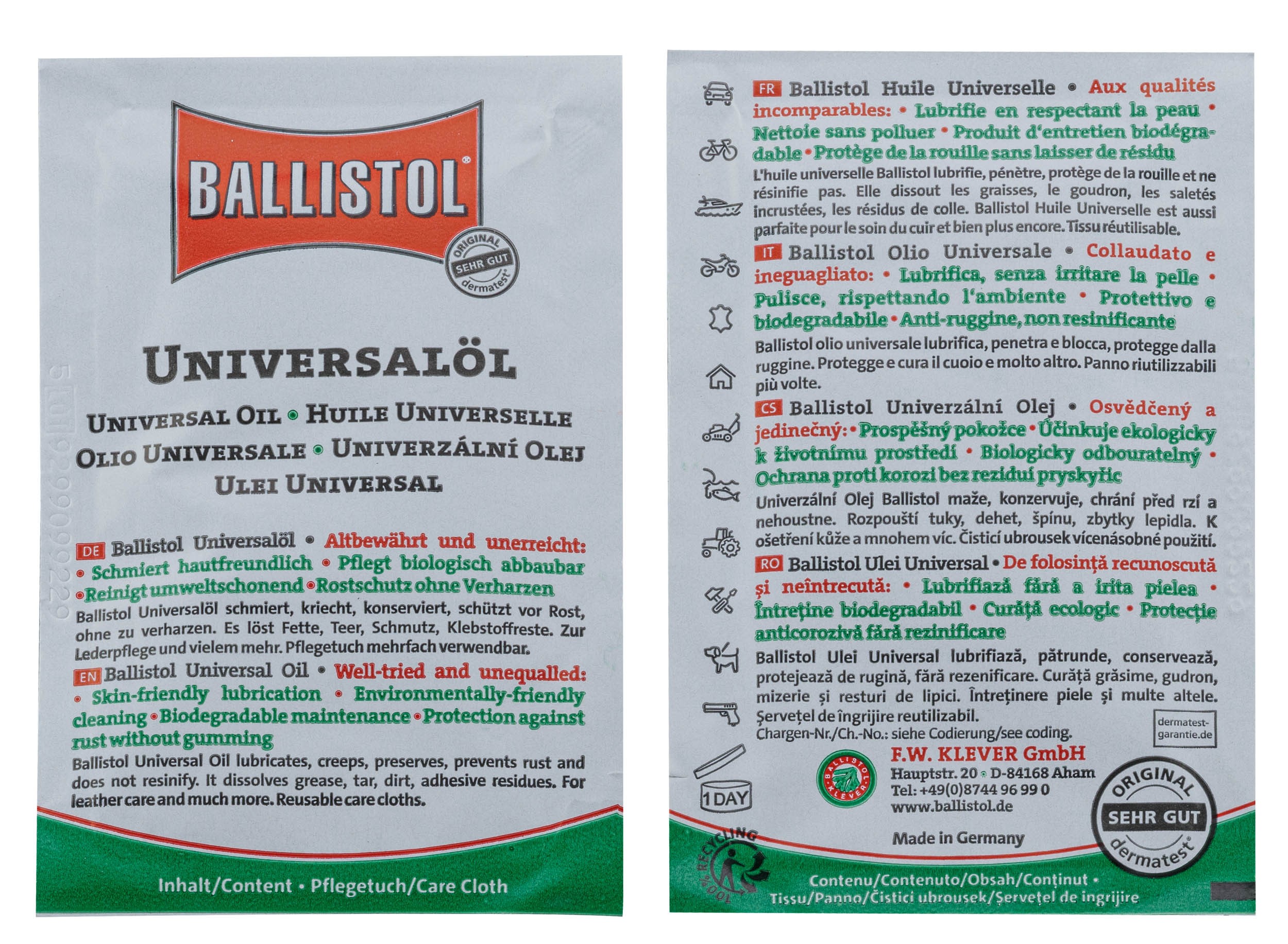Boite de 10 lingettes huile universelle- Ballistol
