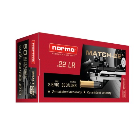 Cartouches Norma 22LR 2.6/40gr Match-22 LRN