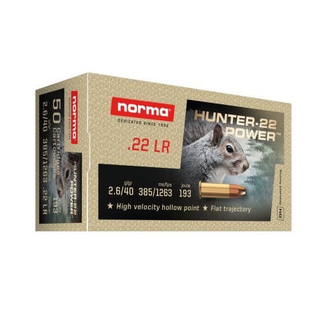 Cartouches Norma 22LR 2.6/40gr Hunter-22 Power HP